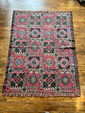 Vtg Goodwin Weavers Throw Blanket Tapestry Aztec Southwest 100% Cotton Fring USA